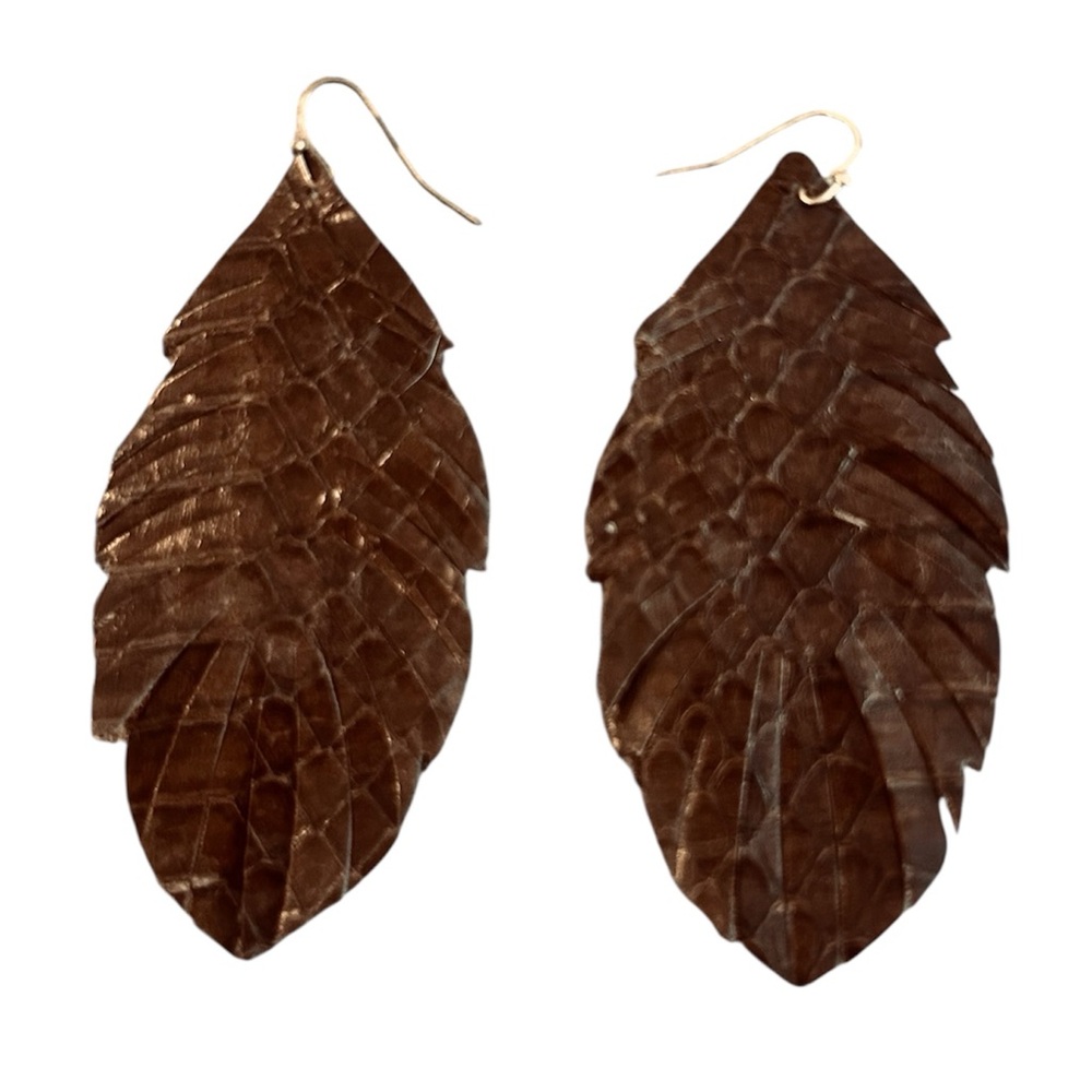 Brown Leather Feather Earrings